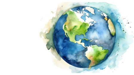 Watercolor style of earth on white empty copy space background.の素材