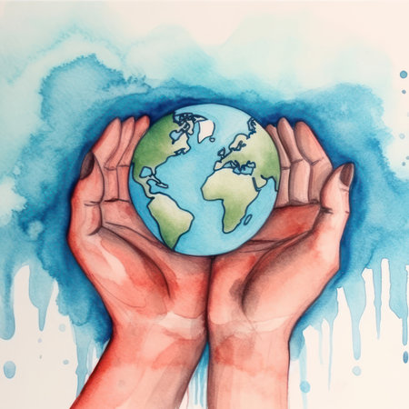Hands protecting the world illustration in water color style background. Earth day conceptの素材
