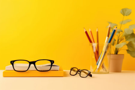 Back to school stationery on empty copy space on color background.の素材