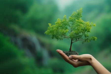 Hand holding tree on blur green nature background. Green environment earth day concept.の素材