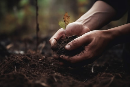 Hand for planting trees back to the forest. Creating awareness for love wild. Wild plant concept.の素材