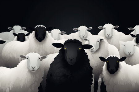 A black sheep surround with normal white sheep metaphor to be outstanding or unique.の素材