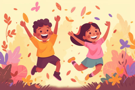 Children having fun together. Positive joyful little Childs rejoicing. Flat vector illustration.の素材