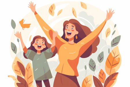 Happy mother and daughter having fun together and rejoicing. Flat vector illustration.の素材