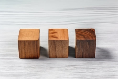 Empty wooden cube on table with blur bokeh background.の素材