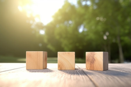 Empty wooden cube on table with blur bokeh background.の素材