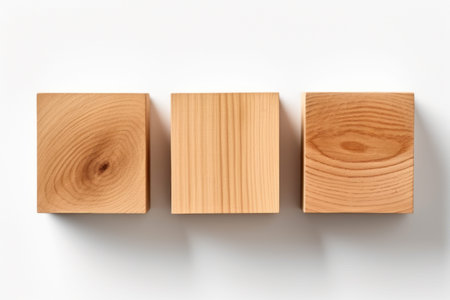 Empty wooden cube on table with blur bokeh background.の素材