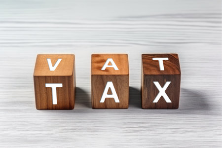 Tax or vat word on wooden cube on  white board background. Business financial concept.の素材