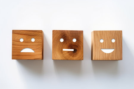 Smile face wooden cube. Optimistic person or people feeling inside and service rating when shopping, satisfaction concept in business.の素材
