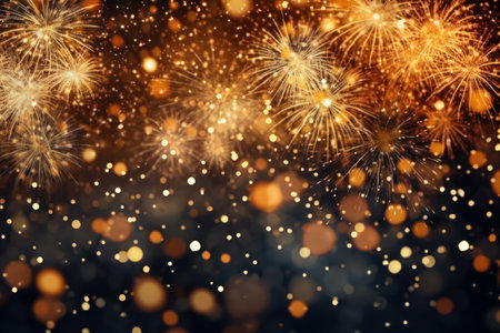 Colorful fireworks at New Year and copy space abstract holiday background elegant glitter confetti.の素材