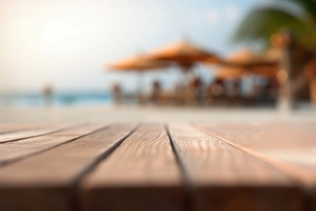 Selective focus on wooden board isolated on blur summer beach with bokeh background.の素材