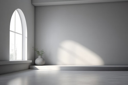 3D render of empty room with shadows of window for display product. white gray studio background for product presentation.の素材