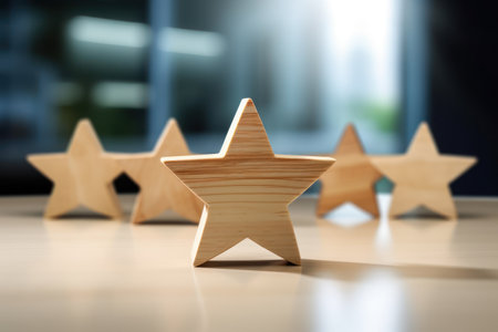 Front view of 5 star shape line up on table isolated on bokeh and gold glitter background. The best excellent business services rating customer experience concept.の素材
