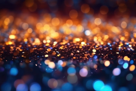 Glitter vintage lights background. Abstract luxury background with shine particles. Christmas light shine particles bokeh on colorful background.の素材