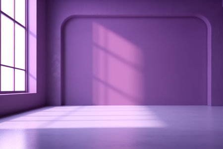 3D render of empty room with shadows of window for display product. Purple studio background for product presentation.の素材