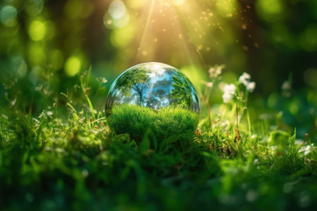 Crystal earth on green grass forest with sunlight. Save the World, earth day, ecology concept.の素材