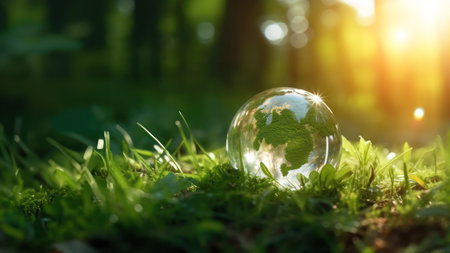 Crystal earth on green grass forest with sunlight. Save the World, earth day, ecology concept.の素材