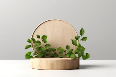 Mock up 3d empty podium with green leaves for organic cosmetic product. Natural round wooden stand for presentation and exhibitions on white background.の素材