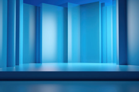 3D render of empty room with shadows of window for display product. Blue studio background for product presentation.の素材