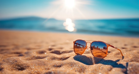 Sunglasses on sand at summer beach with sunshine holiday vacation background.の素材