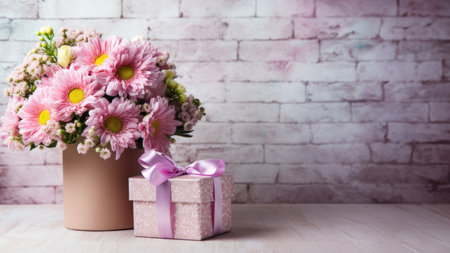 Beautiful bouquet of rose and chrysanthemums flowers and pink gift box on brick wall background.の素材