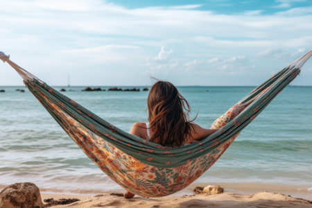 Back shot of a asian woman chill in hammock on summer with beach sunset background.の素材