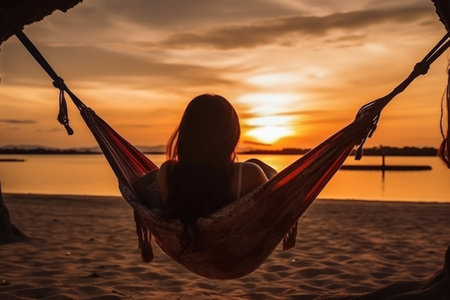 Back shot of a asian woman chill in hammock on summer with beach sunset background.の素材