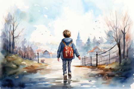 Kids with school backpack go to school illustration.  Back to school concept graphic design.の素材