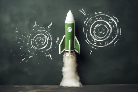 Hand drawn rocket science on green chalkboard background. Back to school concept banner graphic design.の素材