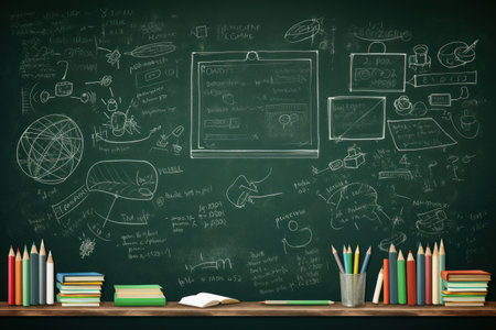 Green chalkboard Back to school concept banner graphic design background.の素材