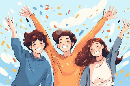Flat design of group of friends smile and holding hand. Friendship day concept.の素材