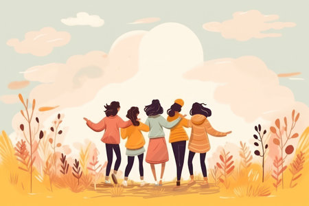 Flat design of group of friends smile and holding hand. Friendship day concept.の素材