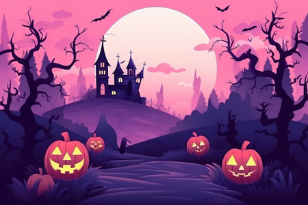 Flat illustration Halloween banner or party invitation background Full moon in orange sky, spiders web and witch cauldron. Place for text.の素材
