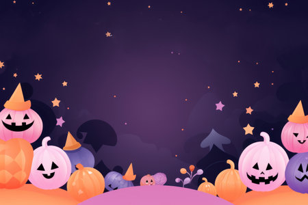 Flat illustration Halloween banner or party invitation background Full moon in orange sky, spiders web and witch cauldron. Place for text.の素材