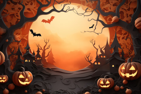 Flat illustration Halloween banner or party invitation background Full moon in orange sky, spiders web and witch cauldron. Place for text.の素材