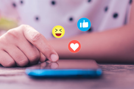 Young woman hand use smartphone  with chat and communication social media icons.