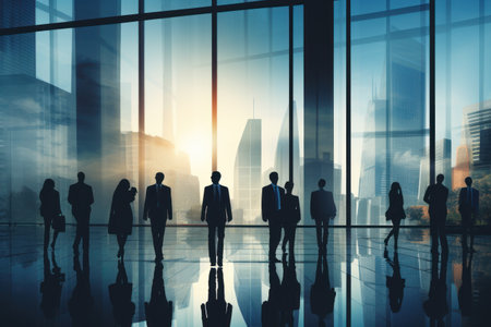 Window with city landscape and Busy business people walking in workplace.の素材