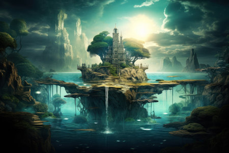 Surrealistic and Dreamlike landscape wallpaper in purple tones background.の素材