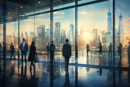 Window with city landscape and Busy business people walking in workplace.の素材