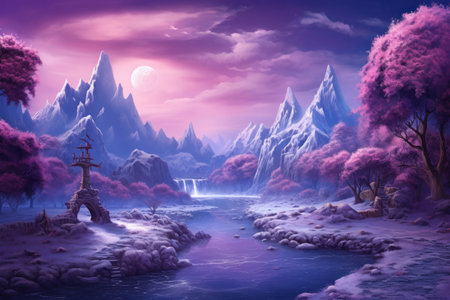 Surrealistic and Dreamlike landscape wallpaper in purple tones background.の素材