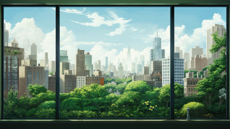 Eco green city view though window in office or workplace background.の素材