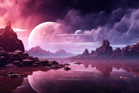 Surrealistic and Dreamlike landscape wallpaper in purple tones background.の素材