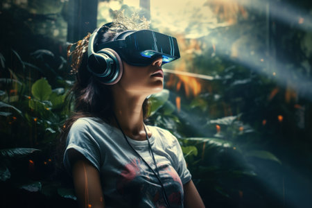 Kid or teen wear Vr headset in metaverse universe futuristic virtual world state of consciousness.の素材