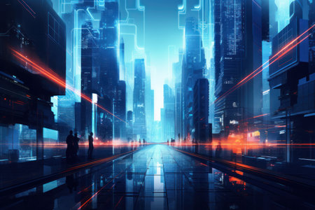 Surrealistic and luminance neon light future imagination  landscape wallpaper background.の素材