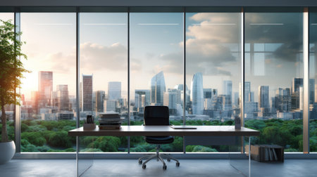 Eco green city view though window in office or workplace background.の素材