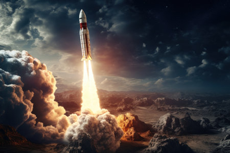 Rocket flying through space out of the earth.の素材