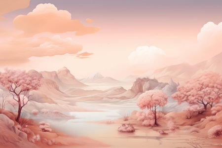 Surrealistic and Dreamlike landscape wallpaper in purple tones background.の素材