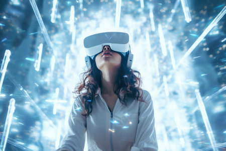 Kid or teen wear Vr headset in metaverse universe futuristic virtual world state of consciousness.の素材