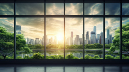 Eco green city view though window in office or workplace background.の素材