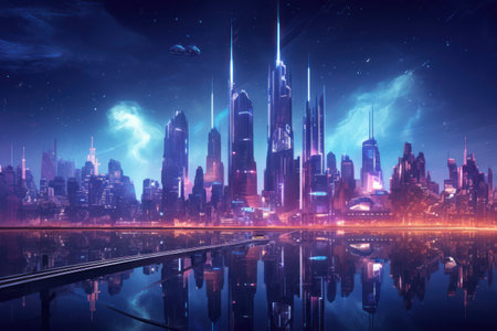 Skyscrapers glowing illuminate the futuristic cityscape at night.の素材